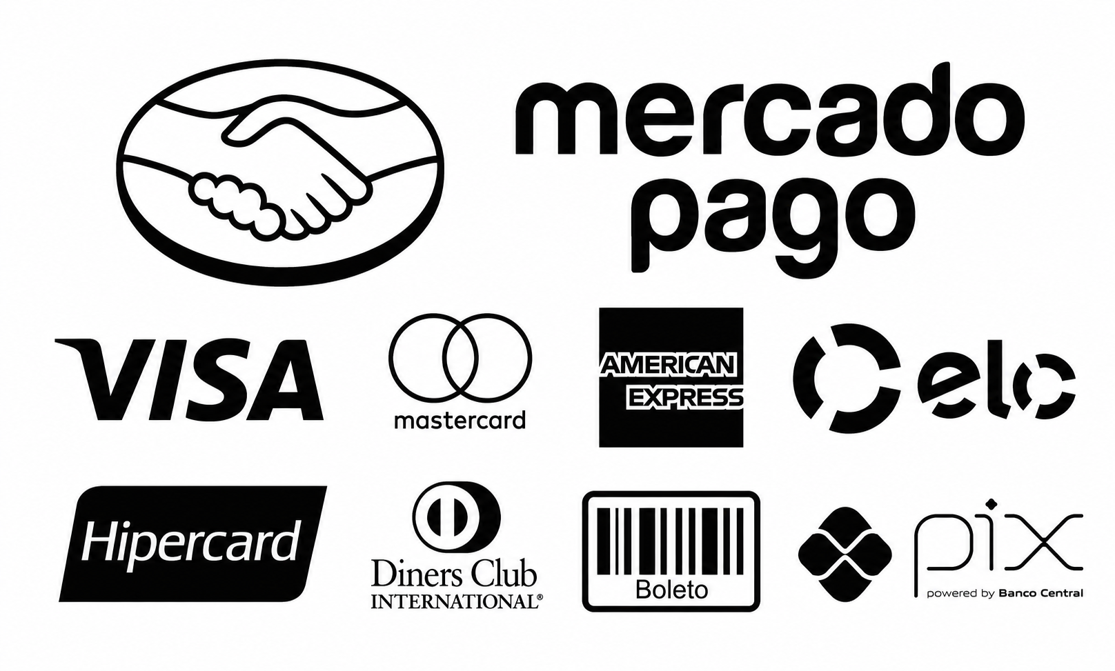 Formas de pagamento aceitas: Mercado Pago, Visa, Mastercard, American Express, Elo, Hipercard, Diners Club, Boleto e Pix